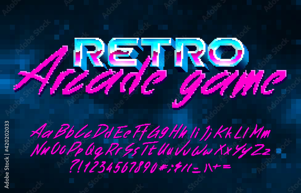 Fototapete retro arcade game alphabet font. pixel script letters, numbers and punctuations. pixel background. 8
