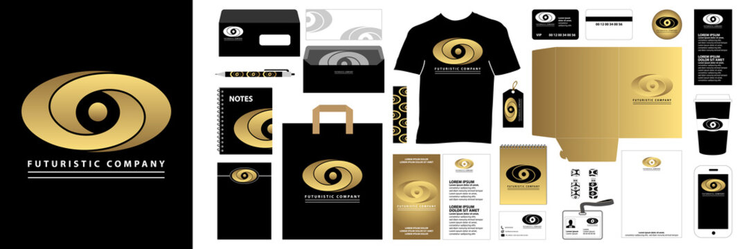 Logo or au motif abstrait de forme g&eacute;om&eacute;trique ovale et une gamme d&rsquo;objets, sac, T-shirt, carnet, carte &hellip;, afin de donner une identit&eacute; &agrave; votre entreprise.