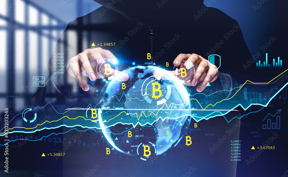 Poster front view of hacker in virtual office room stealing information. internet, innovation and cyber att