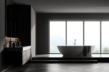 Fototapeta na wymiar Bathtub and sinks with mirror in dark bathroom interior with window