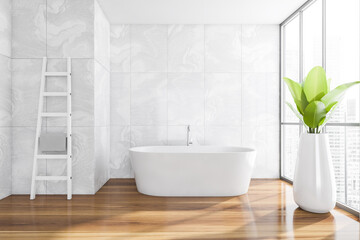 Fototapeta na wymiar Bathroom interior. Minimalist bathtub, on wooden floor with plant and panoramic windows