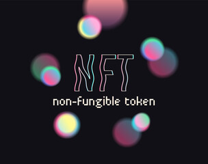 NFT non-fungible token. Text. Vector futuristic cryptography wallpaper. Retro wave, synthwave, rave, vapor, synth. Blue, black, pink purple color. Trendy vintage 80s, 90s style. Print, poster, banner