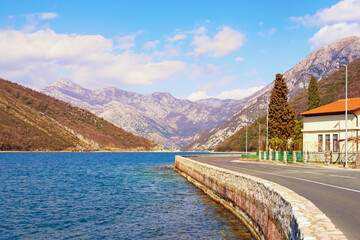 Beautiful Mediterranean landscape. Montenegro, view of Kotor Bay near Verige Strait on sunny winter day