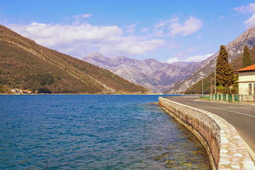 Beautiful Mediterranean landscape. Montenegro, view of Kotor Bay near Verige Strait and Adriatic Highway running along the coast