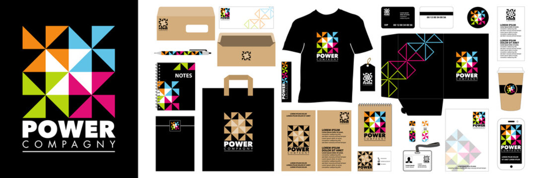 Logo abstrait de forme g&eacute;om&eacute;trique et une gamme d&rsquo;objets, sac, T-shirt, carnet, carte &hellip;, afin de donner une identit&eacute; &agrave; votre entreprise.
