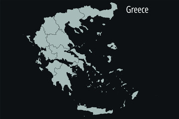 Contour vector map of Greece with the designation of the administrative borders of the regions on a dark background.