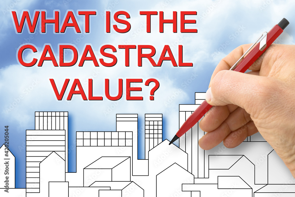 Poster what is the cadastral value of a building? concept with an advertising billboard in a rural scene wi