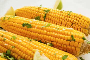 Tasty baked corn cobs on light background