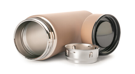 Modern thermos on white background