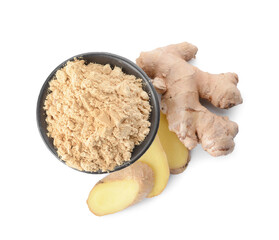 Bowl with ginger powder on white background