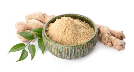 Bowl with ginger powder on white background
