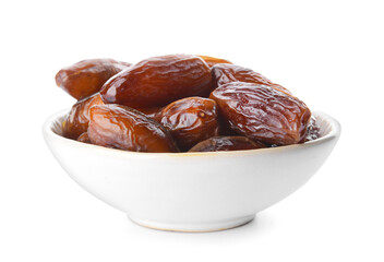 Bowl with sweet dried dates on white background