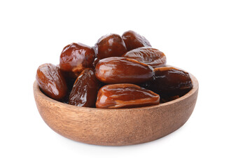 Bowl with sweet dried dates on white background