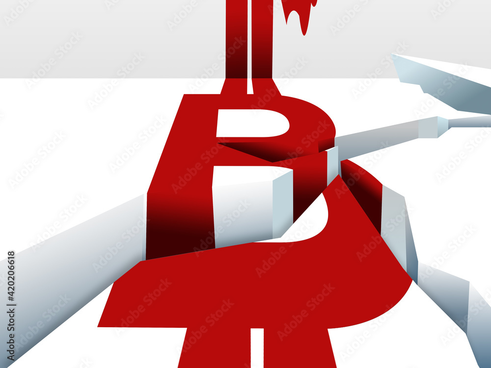Poster broken bitcoin. cryptocurrency symbol. falling bitcoin rate. digital currency. cracks in a capital b