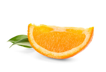 Piece of ripe orange on white background