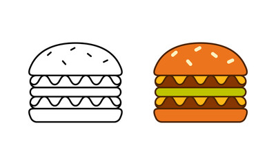 Double burger logo. Linear icon and color version. Black simple illustration of fast food. Contour isolated vector pictogram on white background