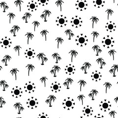 Black and white beach pattern with palm trees and sun for fabrics