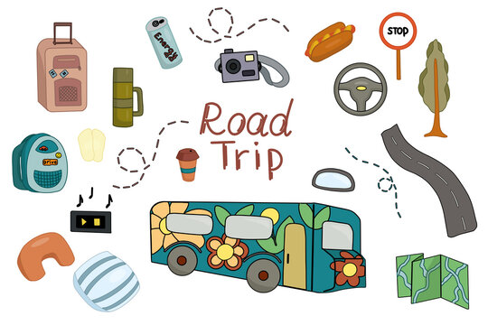 Vector set of travel icons. Food, road, bags, colorful bus