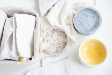 Composition of spa treatment on white background. Top view.