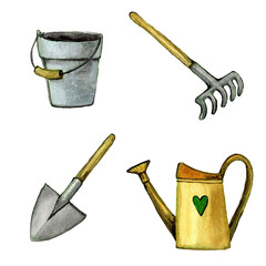 Watercolor set of gardening tools isolated on white background. Bucket, shovel, rake and watering can for design.