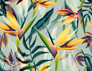 Seamless tropical flower, plant and leaf pattern background - obrazy, fototapety, plakaty