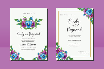 Naklejka na ściany i meble Wedding invitation frame set, floral watercolor hand drawn Pansy Flower design Invitation Card Template