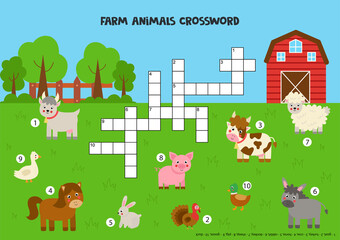 Crossword puzzle for kids with cute farm animals.