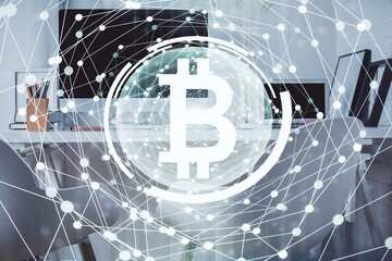 Double exposure of crypto technology theme drawing and office interior background. Concept of...