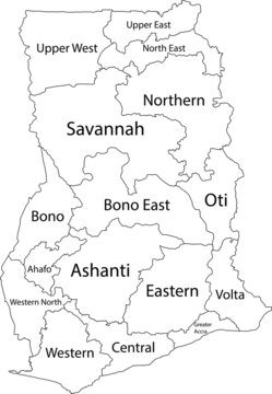 White vector map of the Republic of Ghana with black borders and names of its regions