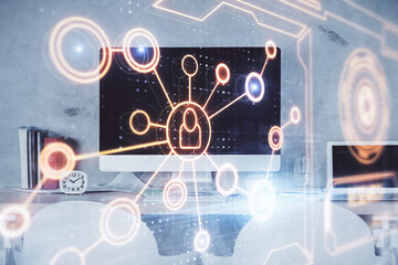Double exposure of social network theme drawing and office interior background. Concept of web.