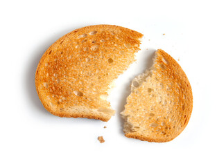 broken toasted bread slice isolated on white background, top view