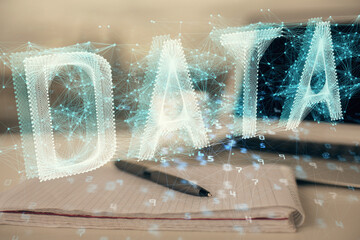 Multi exposure of data theme drawings and desk with open notebook background. Concept of education