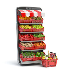 Grocery food buying online and delivery app concept. Food market in smartphone. Smartphone and crates with fruits and vegetables with shopping basket full of food.
