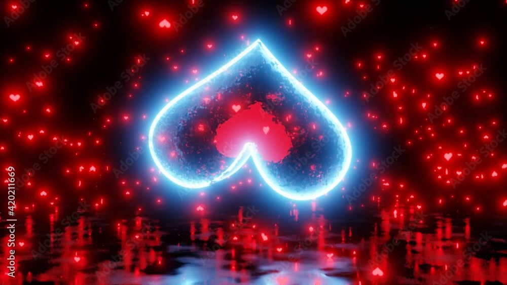 Poster hd video animation of a red color heart inside a big glowing transparent heart rotating in the cente
