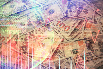 Multi exposure of forex chart drawing over us dollars bill background. Concept of financial success markets.