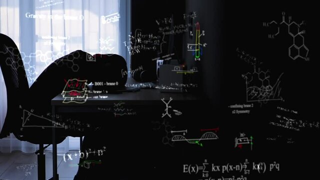 Exhausted young woman falls asleep while studying on the computer. Digitally superimposed formulas and equations. Concept of learning.
