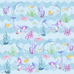 Fototapeta na wymiar Seamless colorful pattern with mermaid and dolphins on a blue background.