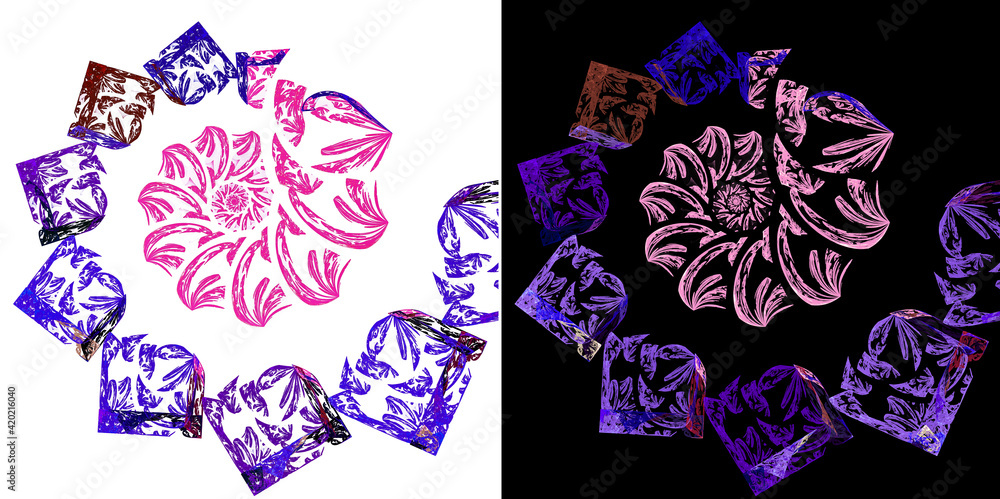 Poster blue abstract shapes are arranged in a spiral and end with a pink shell on white and black backgroun