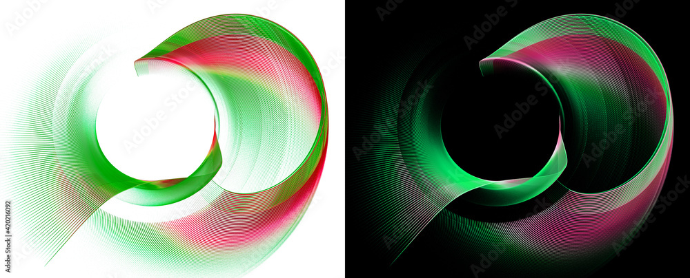 Poster arcuate and wavy planes, green with a red stripe, form a circular frame on white and black backgroun
