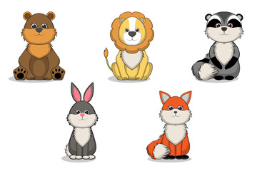 Cute wild animals set including bear, lion, raccoon, rabbit, and fox.  Woodland animal illustration.