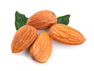 Closeup of almonds, isolated on the white background.