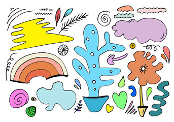 hand drawn various shapes and doodle objects. Abstract contemporary modern trendy vector illustration. 