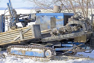 Self-propelled installation for underground pipe laying at the work site close-up