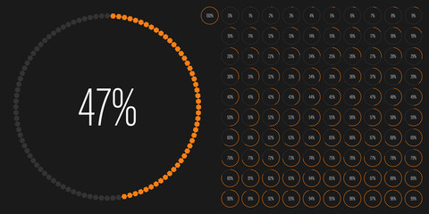 Set of circle percentage diagrams meters from 0 to 100 ready-to-use for web design, user interface UI or infographic with hexagonal shapes - indicator with orange