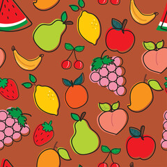 Seamless pattern with cute cartoon fruit for fabric print, textile, gift wrapping paper. colorful vector for kids, flat style