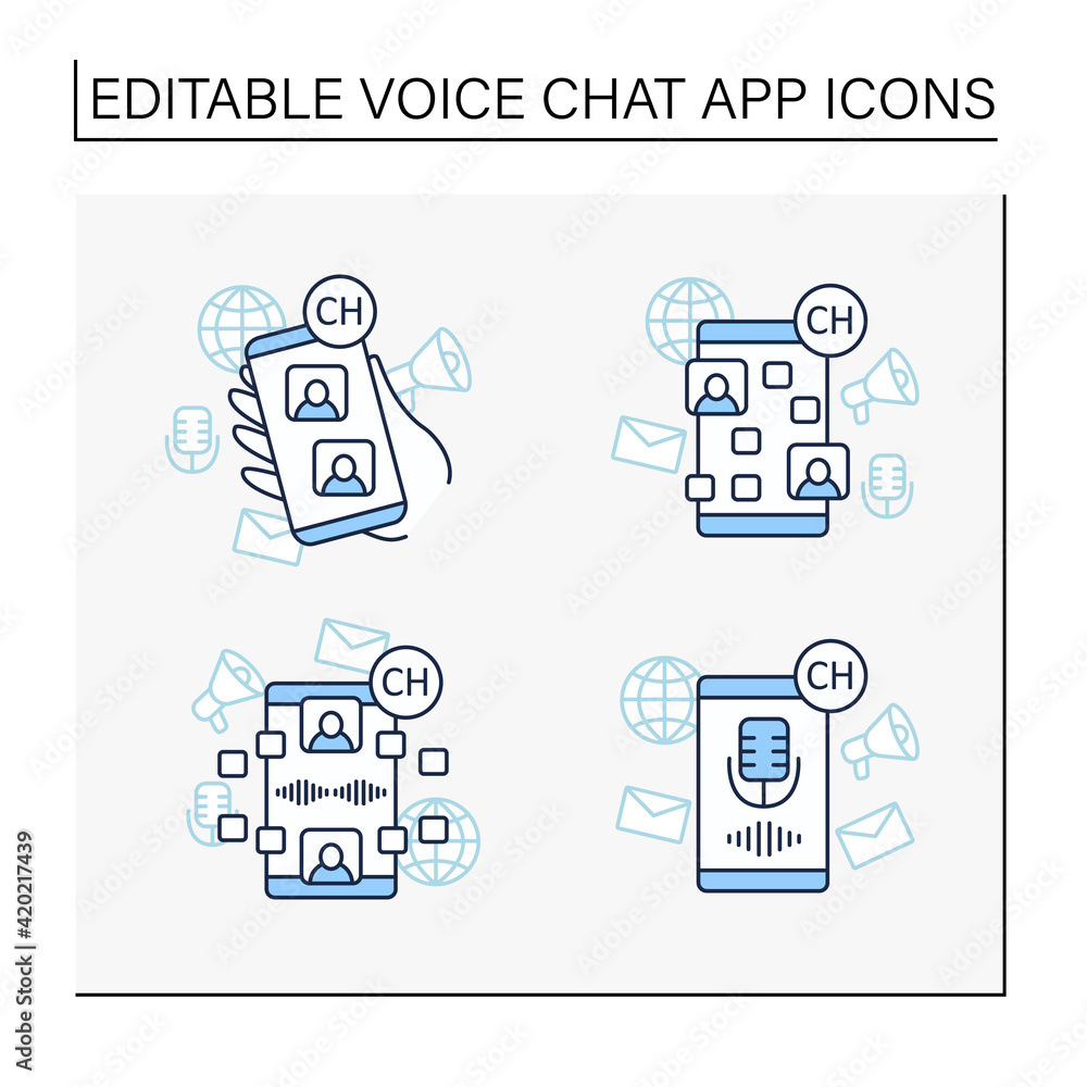 Poster drop in audio app line icons set. communication application with friends.voice messaging, chat. voic