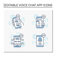 Drop in audio app line icons set. Communication application with friends.Voice messaging, chat. Voice communication concept. Isolated vector illustrations. Editable stroke