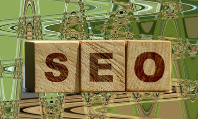 SEO - text on wooden cubes, on wooden background