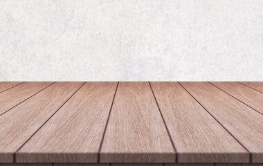 Empty wood table on white wall background.