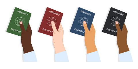 Four Hands of different nationalities holding multicolored collections of immune passports. Vaccination, negative result of coronavirus, vaccination document. Flat style. Vector